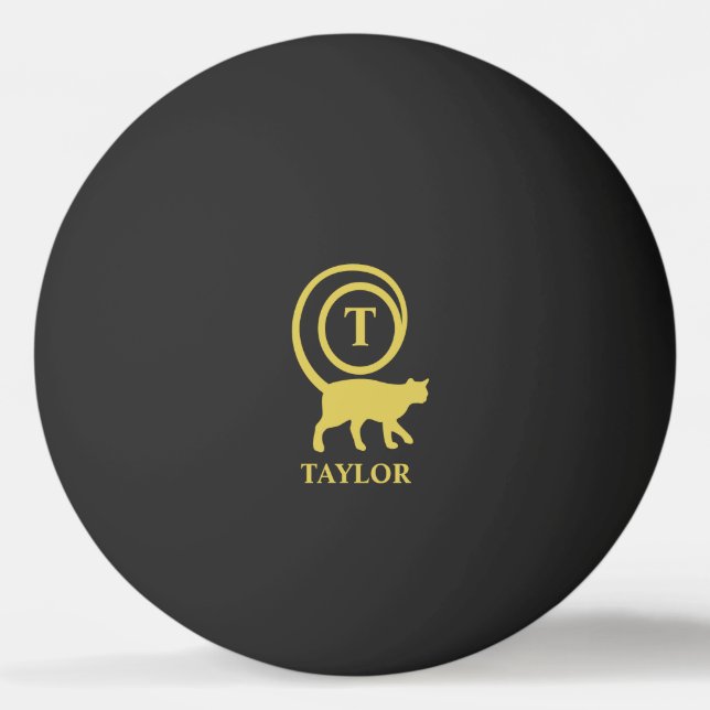 Monogram Name Initial Kitty Cat Lover Black Gold Ping Pong Ball (Front)