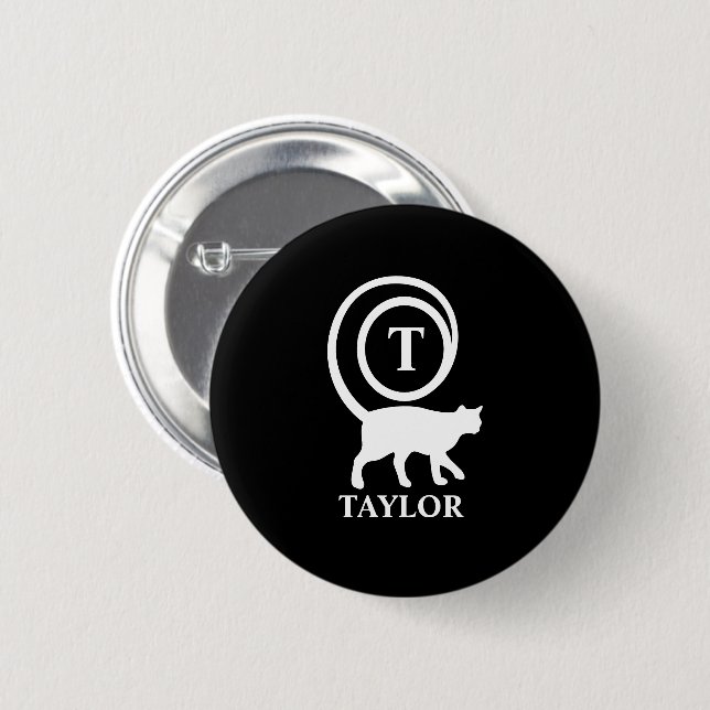 Monogram Name Initial Kitty Cat Lover Black White 6 Cm Round Badge (Front & Back)