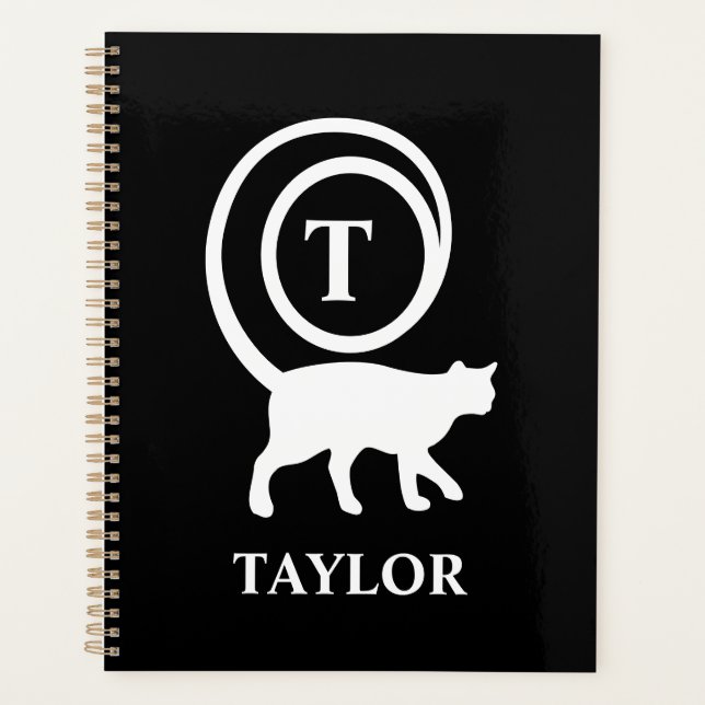 Monogram Name Initial Kitty Cat Lover Black White Planner (Front)