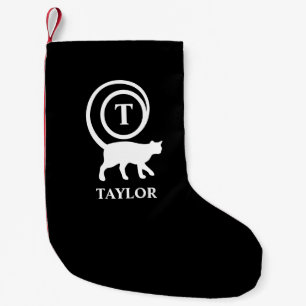 Monogram Name Initial Kitty Cat Lover Black White Small Christmas Stocking