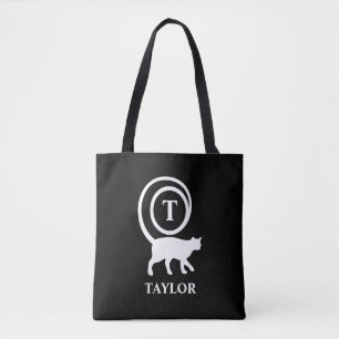 Monogram Name Initial Kitty Cat Lover Black White Tote Bag