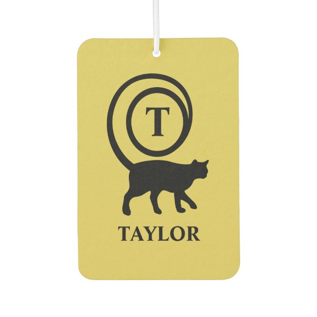 Monogram Name Initial Kitty Cat Lover Gold Black Car Air Freshener (Front)