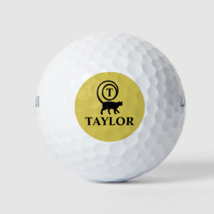 Monogram Name Initial Kitty Cat Lover Gold Black Golf Balls