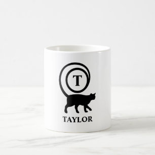 Monogram Name Initial Kitty Cat Lover White Black Coffee Mug