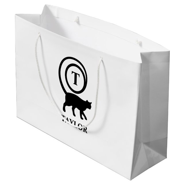 Monogram Name Initial Kitty Cat Lover White Black Large Gift Bag (Back Angled)