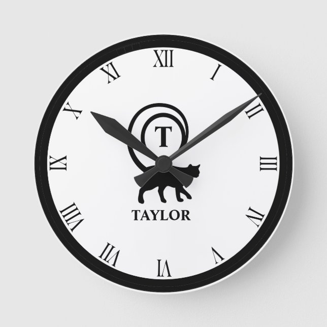 Monogram Name Initial Kitty Cat Lover White Black Round Clock (Front)