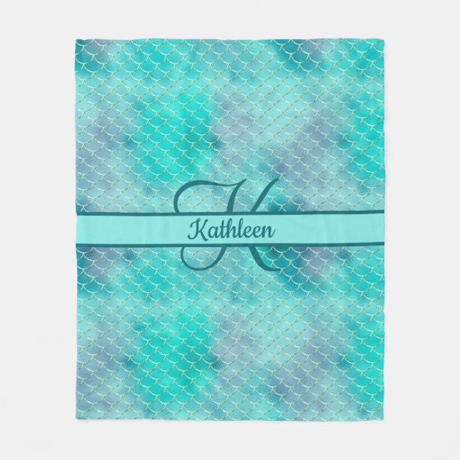Monogram Name Initial Mermaid Blue Purple Green  Fleece Blanket (Front)