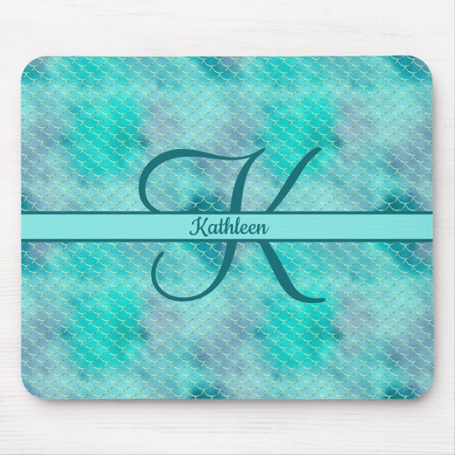 Monogram Name Initial Mermaid Blue Purple Green  Mouse Mat (Front)