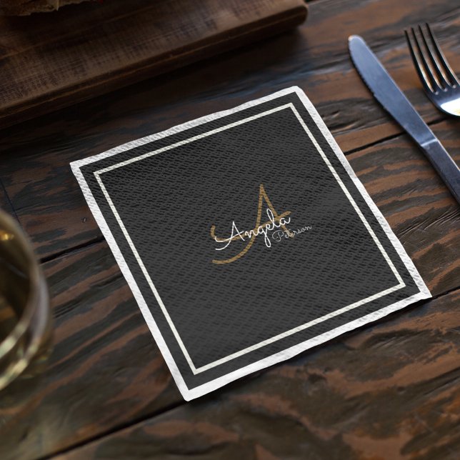 Monogram (name & initial) on Black Standard Napkin (modern monogram on black napkins)