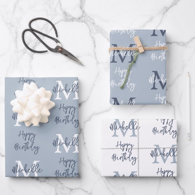 Monogram Name Initial Pattern Happy Birthday Blue Wrapping Paper Sheet (Front)