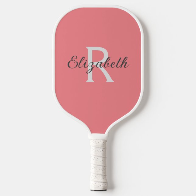 Monogram Name Initial Pink Coral Grey White Pickleball Paddle (Front)