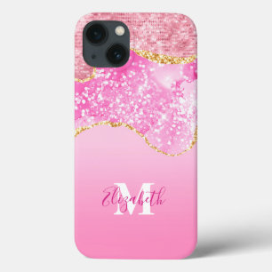 Monogram Name Initial Pink Gold Glam Bling Glitter iPhone 13 Case