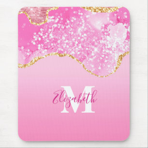Monogram Name Initial Pink Gold Glam Glitter Mouse Mat