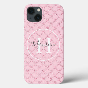 Monogram Name Initial Pink Mermaid Scales Trendy iPhone 13 Case