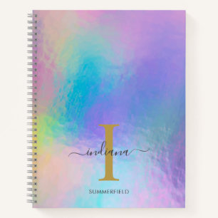 Monogram Name Initial Rainbow Holographic Gold Notebook