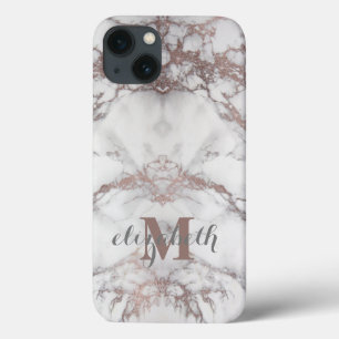 Monogram Name Initial Rose Gold White Grey Marble  iPhone 13 Case