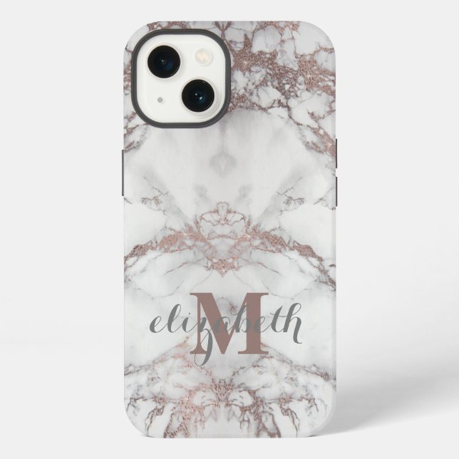 Monogram Name Initial Rose Gold White Grey Marble  iPhone Case (Back)