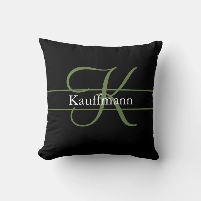Monogram Name Initial Script Black Green White  Cushion (Front)