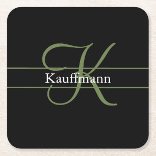 Monogram Name Initial Script Black Green White Square Paper Coaster