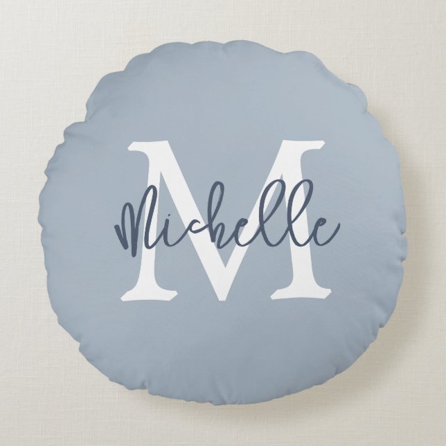 Monogram Name Initial Script Dusty Blue Round Cushion (Front)