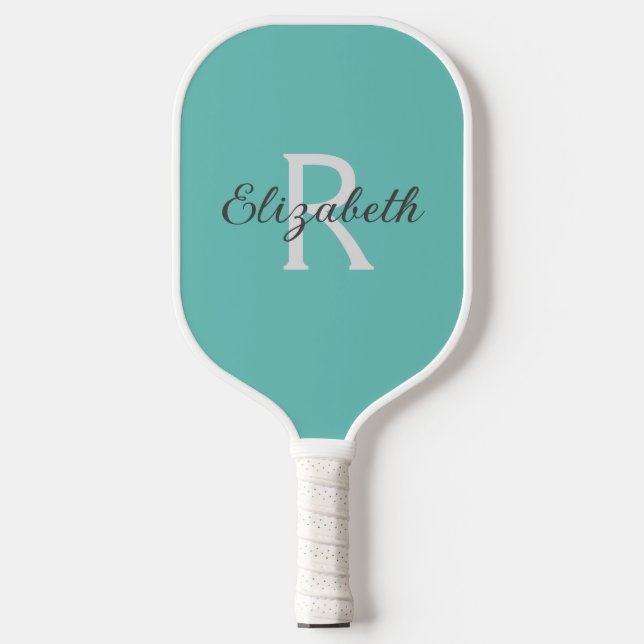 Monogram Name Initial Teal Green Blue Grey White Pickleball Paddle (Front)