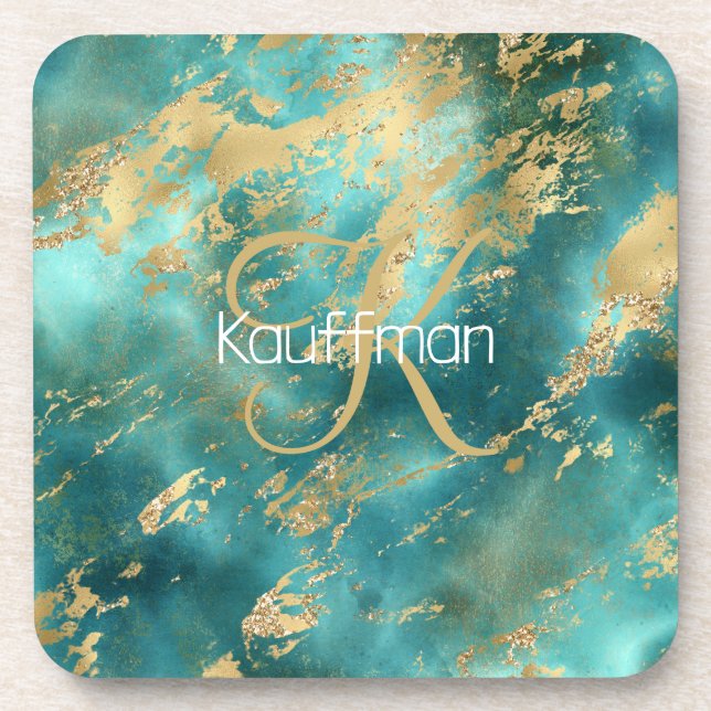 Monogram Name Initial Turquoise Green Gold Marble Coaster (Front)