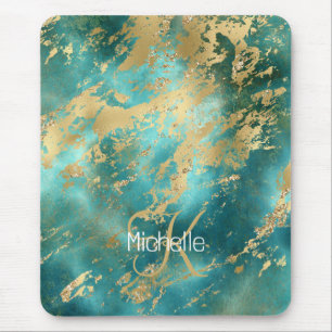 Monogram Name Initial Turquoise Green Gold Marble Mouse Mat