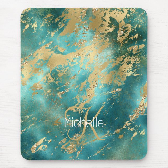 Monogram Name Initial Turquoise Green Gold Marble Mouse Mat (Front)