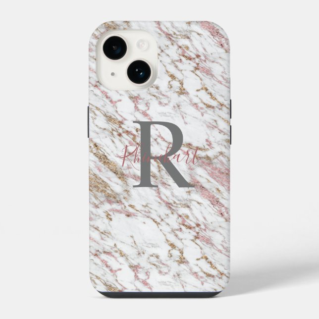 Monogram Name Initial White Grey Gold Pink Marble  iPhone Case (Back)