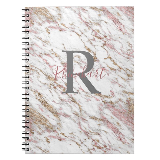 Monogram Name Initial White Grey Gold Pink Marble Notebook (Front)