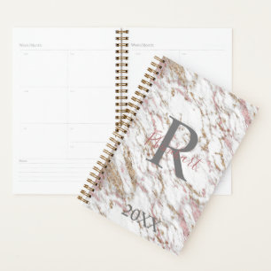 Monogram Name Initial White Grey Gold Pink Marble Planner