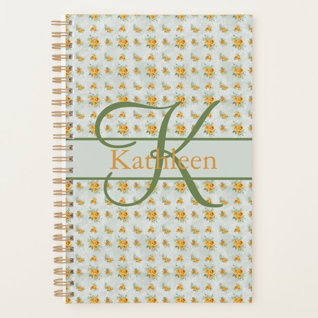 Monogram Name Initial Yellow Green Floral  Planner (Front)