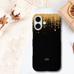 Monogram Name Initials Black Gold Dripping Glitter iPhone 16 Case