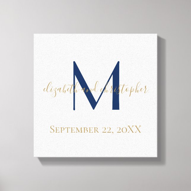 Monogram Name Initials Blue Gold Wedding Date Gift Canvas Print (Front)