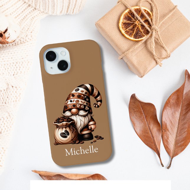 Monogram Name Initials Coffee Gnome Brown White Case-Mate iPhone Case (Coffee Gnome Personalized Phone Case)