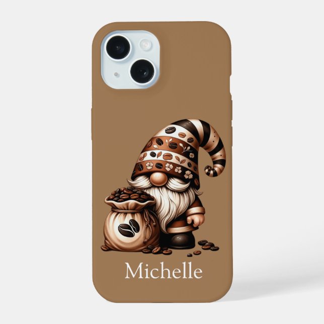 Monogram Name Initials Coffee Gnome Brown White iPhone 15 Case (Back)