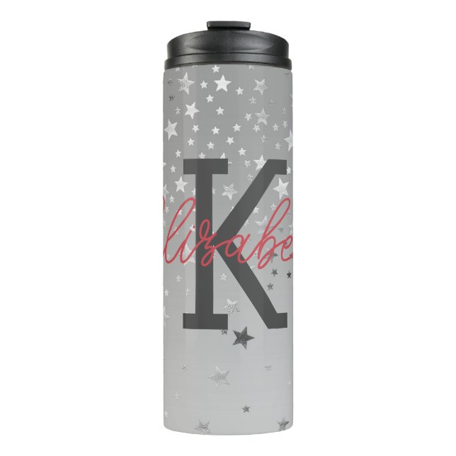 Monogram Name Initials Pink Grey Silver Trendy Thermal Tumbler (Front)