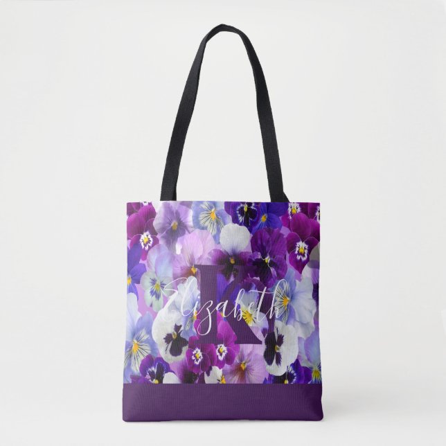 Monogram Name Initials Purple Pansy Floral Trendy  Tote Bag (Front)