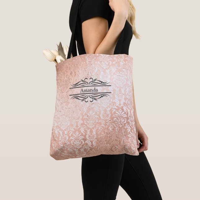 Monogram Name Initials Rose Gold Damask Bridesmaid Tote Bag (Close Up)