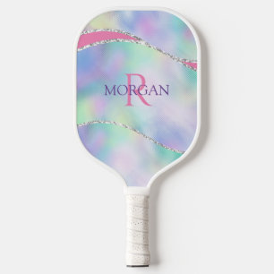 Monogram & Name, Iridescent Background Silver Trim Pickleball Paddle