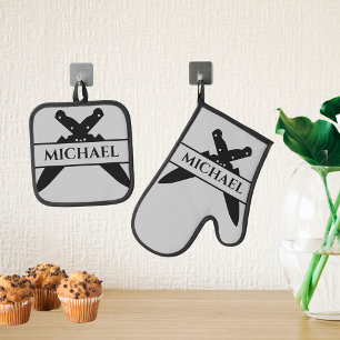 Monogram Name Knives Chef Cook Grilling Oven Mitt & Pot Holder Set