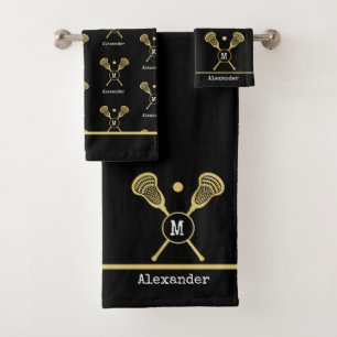 Monogram Name Lacrosse Gold Black Bath Towel Set