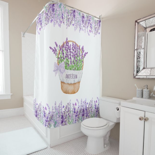 Monogram Name Lavender Flowers Basket Green Purple Shower Curtain (In Situ)