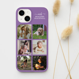Monogram Name Lavender Purple 6 Photo Collage Case-Mate iPhone 14 Case