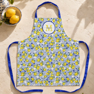 Monogram Name Lemon Blue French Country Tile Apron