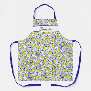 Monogram Name Lemon Blue French Country Tile Apron