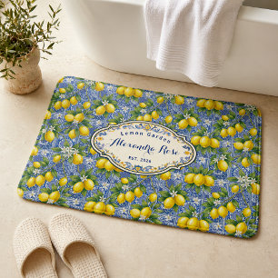 Monogram Name Lemon Blue French Country Tile  Bath Mat