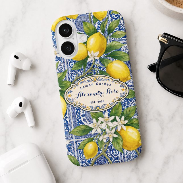 Monogram Name Lemon Blue French Country Tile  Case-Mate iPhone Case (Creator Uploaded)