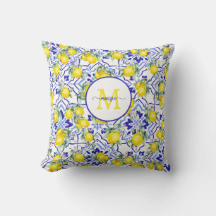 Monogram Name Lemon Blue French Country Tile Cushion