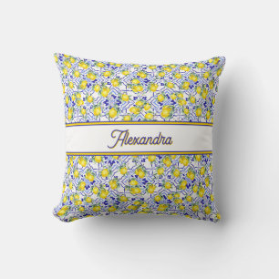 Monogram Name Lemon Blue French Country Tile Cushion